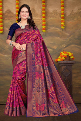 HouseOfCommon Woven, Self Design Kanjivaram Art Silk, Jacquard Saree(Magenta, Blue)