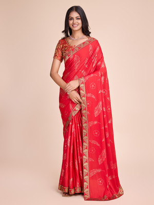 Vijatree Embroidered, Embellished Bollywood Lycra Blend Saree(Red)