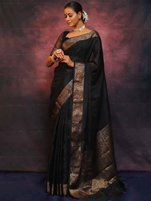 Bansari Textiles Embellished, Applique, Self Design, Woven Kanjivaram Cotton Silk, Jacquard Saree(Black)