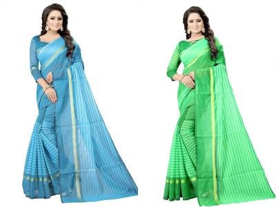 Suali Striped Daily Wear Cotton Silk Saree(Pack of 2, Green)