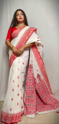 PRAVATI FASHION Self Design Handloom Cotton Blend Saree(White)