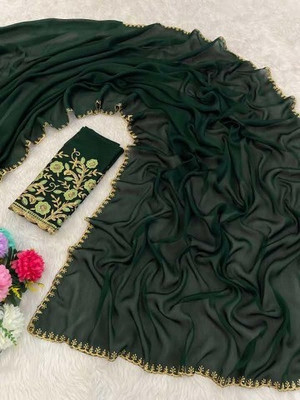 KONICA FAB Solid/Plain Bollywood Chiffon Saree(Dark Green)