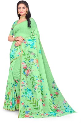 VEERAIVA Digital Print Bollywood Cotton Linen Saree(White)