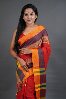 HouseOfCommon Woven Handloom Pure Cotton Saree(Red)