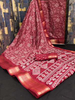 Bandhanivilla Printed Bandhani Cotton Silk Saree(Red)