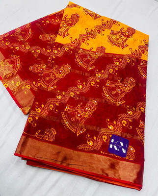 KRISHNA NX Printed Daily Wear Pure Cotton Saree(Red, Gold)