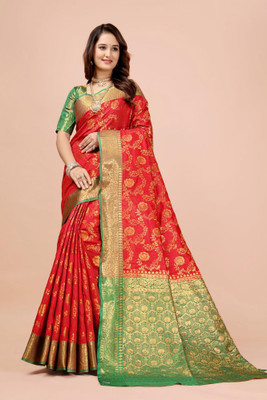 jayant creation Woven Banarasi Silk Blend, Jacquard Saree(Red)
