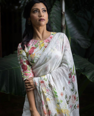 Saaransh Floral Print Kanjivaram Linen, Cotton Silk Saree(White)