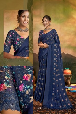 SHILPKALA Embellished Daily Wear Chiffon Saree(Dark Blue)