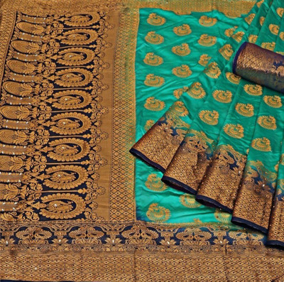 ArtisticApparel Printed Banarasi Jacquard Saree(Green, Dark Blue)