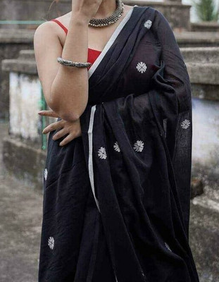 Ghosh handloom Woven Handloom Cotton Linen Saree(Black)
