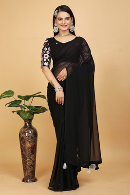 K 5 FASHION Embroidered, Solid/Plain Bollywood Georgette Saree(Black)