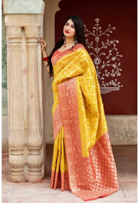 jmoverseas Self Design Kanjivaram Art Silk Saree(Yellow)