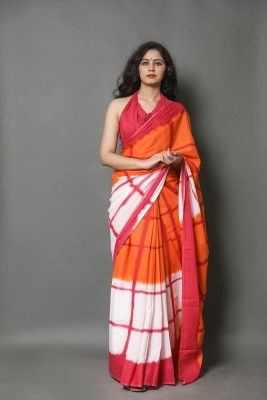 NIKHILAM Checkered Daily Wear Pure Cotton Saree(Pink, Orange)