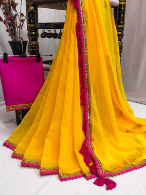 Z HUB Solid/Plain Assam Silk Georgette Saree(Multicolor)