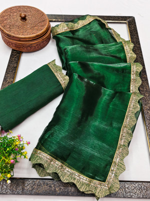 Kanooda Prints Solid/Plain Bollywood Jimmy choo Saree(Dark Green)