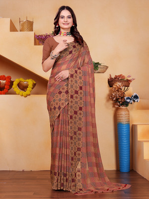 Kanooda Prints Printed Bollywood Georgette Saree(Brown)