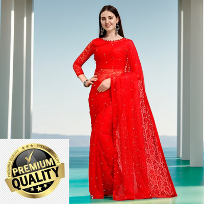 Vraggi Embellished Bollywood Net Saree(Red)