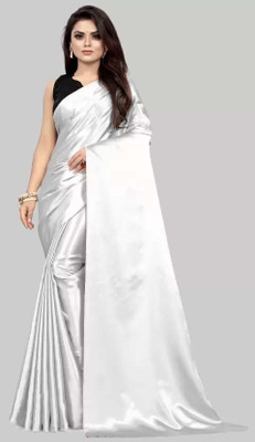 Aruna Sarees Solid/Plain Bollywood Satin Saree(White)