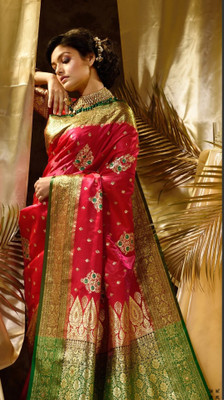 KALANJALI FASHION Embroidered Banarasi Satin Saree(Pink)