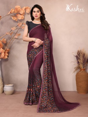 kashvi sarees Embellished, Floral Print Bollywood Georgette Saree(Brown)