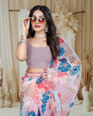 JAYAMENTERPRISE Digital Print, Floral Print, Printed Bollywood Georgette Saree(Cream)
