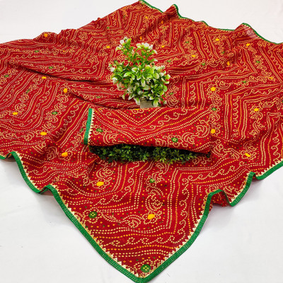 Kanooda Prints Printed Bandhani Georgette Saree(Red)