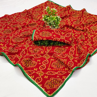 Kanooda Prints Printed Bandhani Georgette Saree(Red)