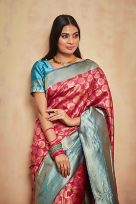 NP CREATION Woven Kanjivaram Pure Silk Saree(Pink)