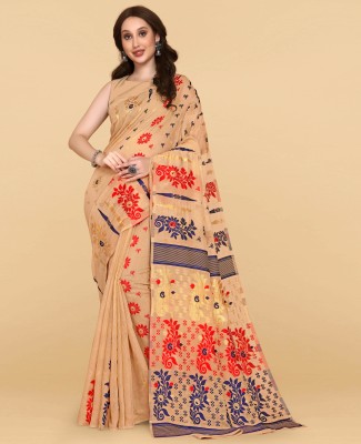 worvox Self Design, Woven Jamdani Cotton Linen Saree(Beige)