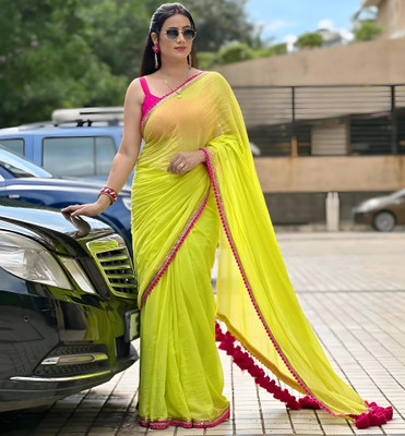 LOOMORA Printed Chanderi Georgette Saree(Yellow)