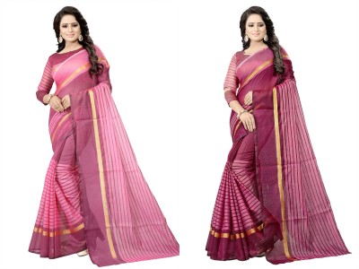 Suali Striped Daily Wear Cotton Silk Saree(Pack of 2, Purple, Pink)