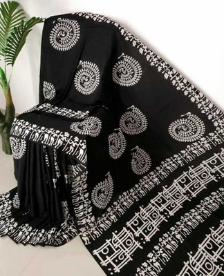 NIKHILAM Printed Daily Wear Pure Cotton Saree(Black)