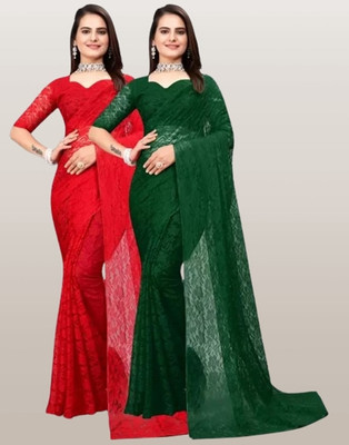 Amavii Self Design Bollywood Net Saree(Pack of 2, Red, Green)