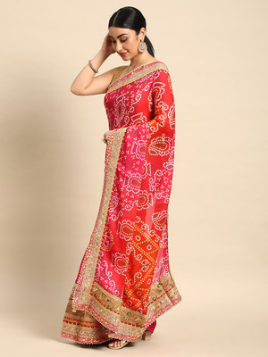 Tasrika Printed Bandhani Chiffon Saree(Pink)