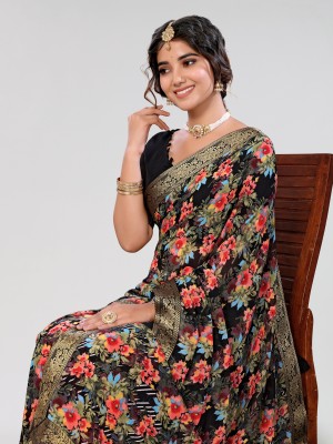 ANIRAV Printed Bandhani Georgette, Lace Saree(Black)