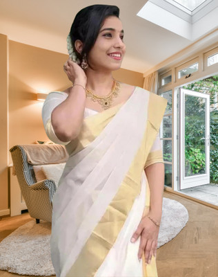 ShriSaree Woven Kasavu Pure Cotton Saree(White)