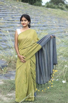 BRYNBRIT Temple Border, Woven Handloom Cotton Blend Saree(Multicolor)