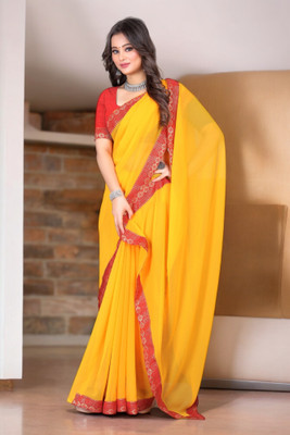 Kasumbo Tex Solid/Plain Banarasi Georgette Saree(Yellow)