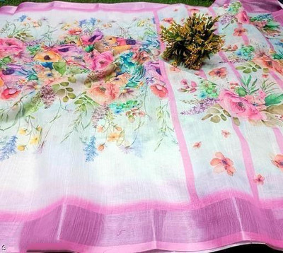 TOPPA Floral Print Banarasi Cotton Linen Saree(Multicolor)