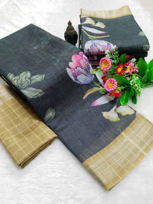 HangerStories Printed Kanjivaram Cotton Linen, Cotton Silk Saree(Multicolor)