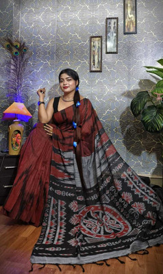 Shrutisareeghar Printed Handloom Cotton Blend Saree(Red)