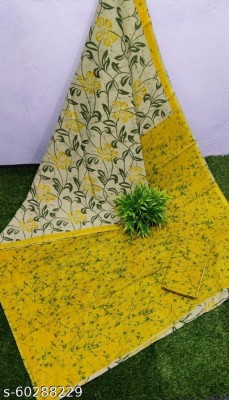 Printed Cotton Mulmul Saree Blocked Printed, Checkered, Digital Print, Dyed, Floral Print, Self Design, Printed Daily Wear Pure Cotton Saree(Yellow)