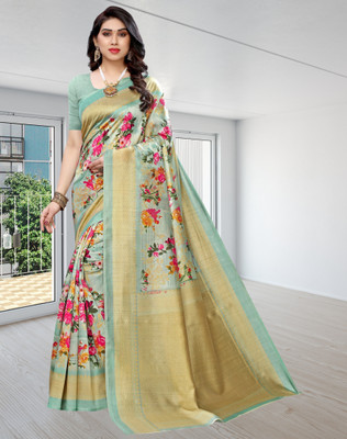 shree laxmi Floral Print Banarasi Cotton Silk Saree(Blue)