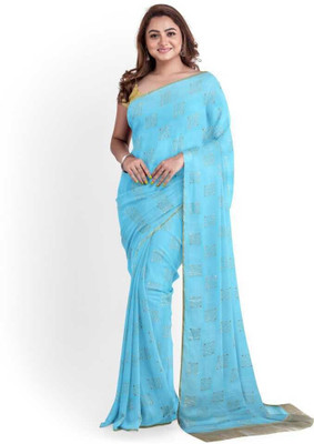 Desi Style Self Design Bandhani Velvet, Chiffon Saree(Light Blue)