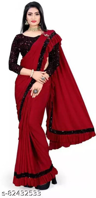 PLEXSTAR Embellished Bollywood Lycra Blend Saree(Red)