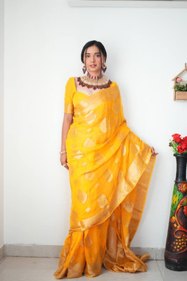 KIVERA Woven, Self Design Banarasi Linen Saree(Yellow)