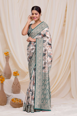 Dharmata Enterprise Digital Print, Printed Banarasi Crepe Saree(White)