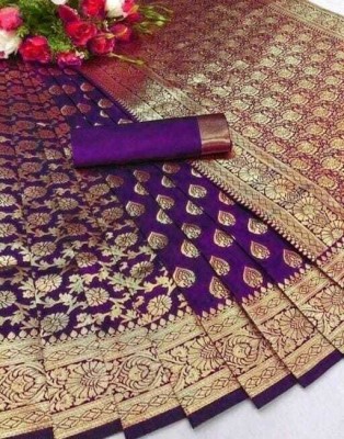 JOYSONIC Printed Kanjivaram Silk Blend Saree(Purple)