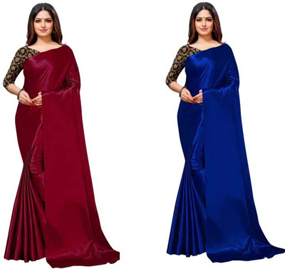 Aruna Sarees Solid/Plain Bollywood Satin Saree(Pack of 2, Maroon, Dark Blue)